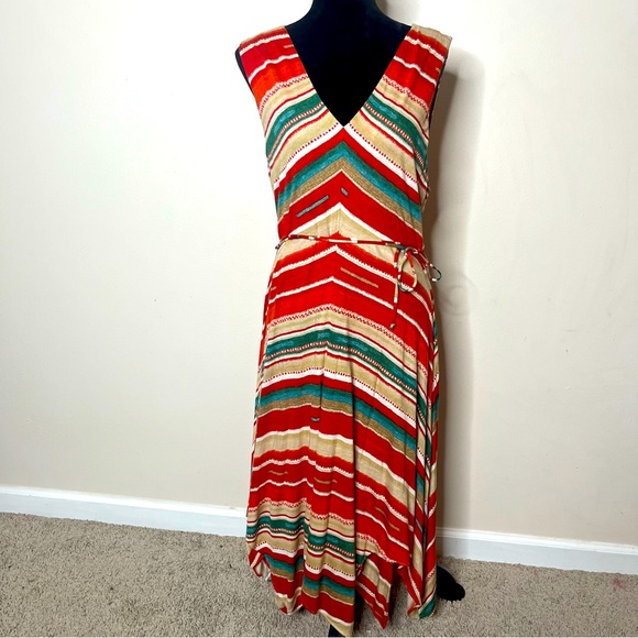 Ralph Lauren Women’s Orange Green Southwestern Striped V~Neck Maxi Dress PXL - Picture 1 of 10